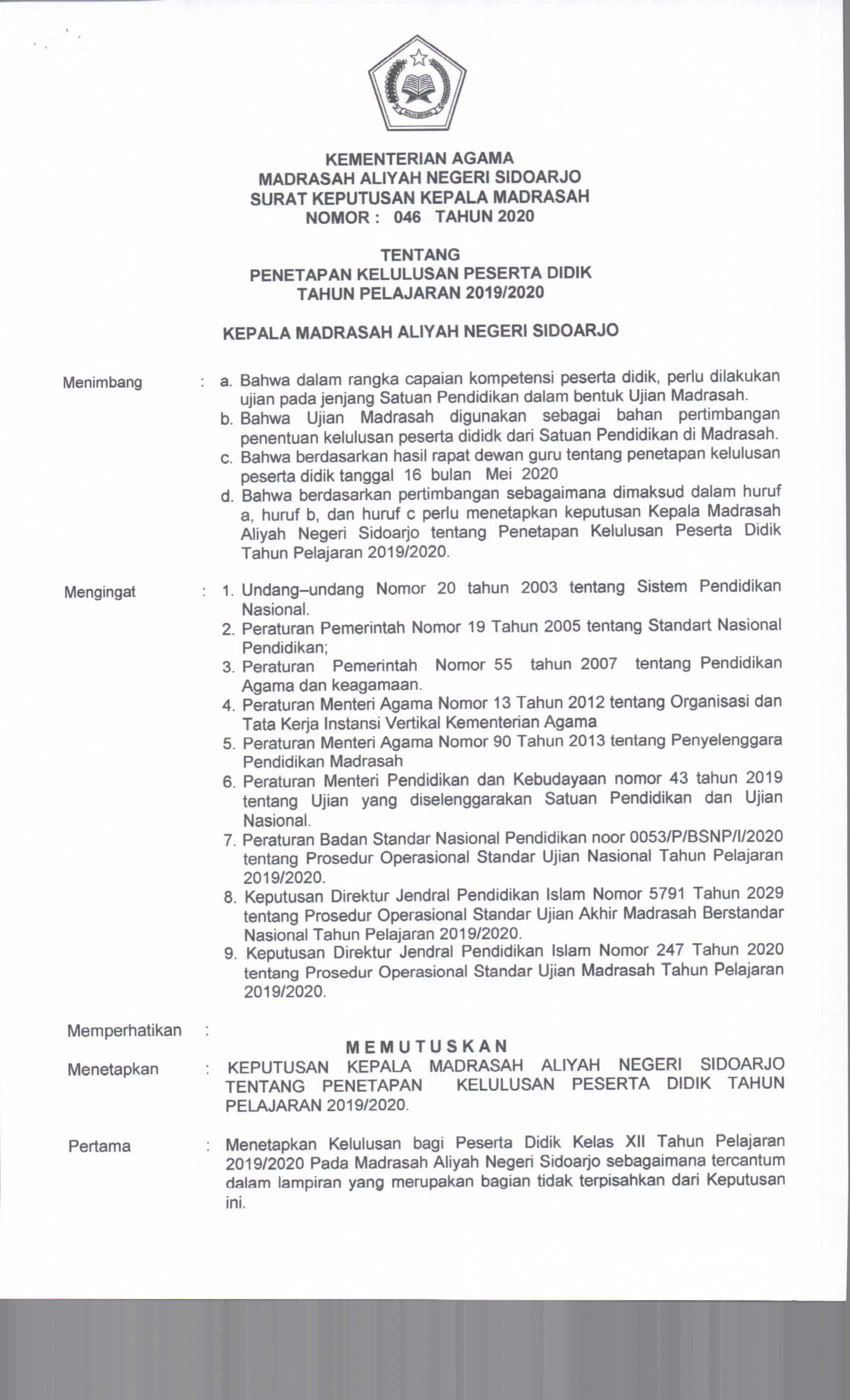 Penetapan Kelulusan Peserta Didik Kelas Xii Tahun Pelajaran 2019 2020 Man Sidoarjo
